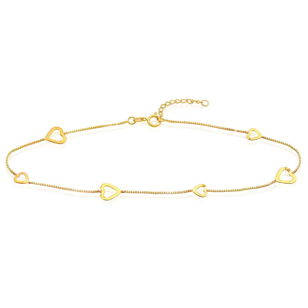 14K Yellow Gold Sideways Open Heart Adjustable Anklet 9"-10"