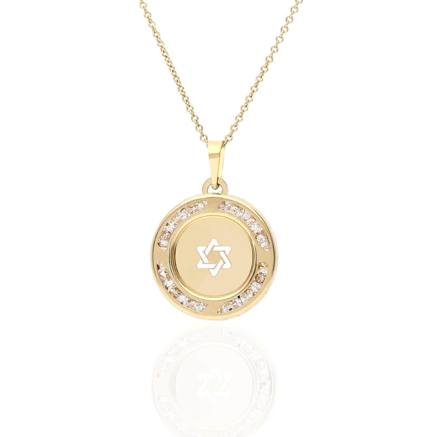 14K Yellow Gold White Zirconia Star Of David Round Medallion Pendant 14mm