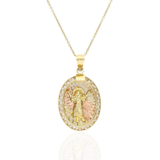 14K Tri-Color Gold Diamond-Cut C Z Religious Baby Jesus Oval Pendant