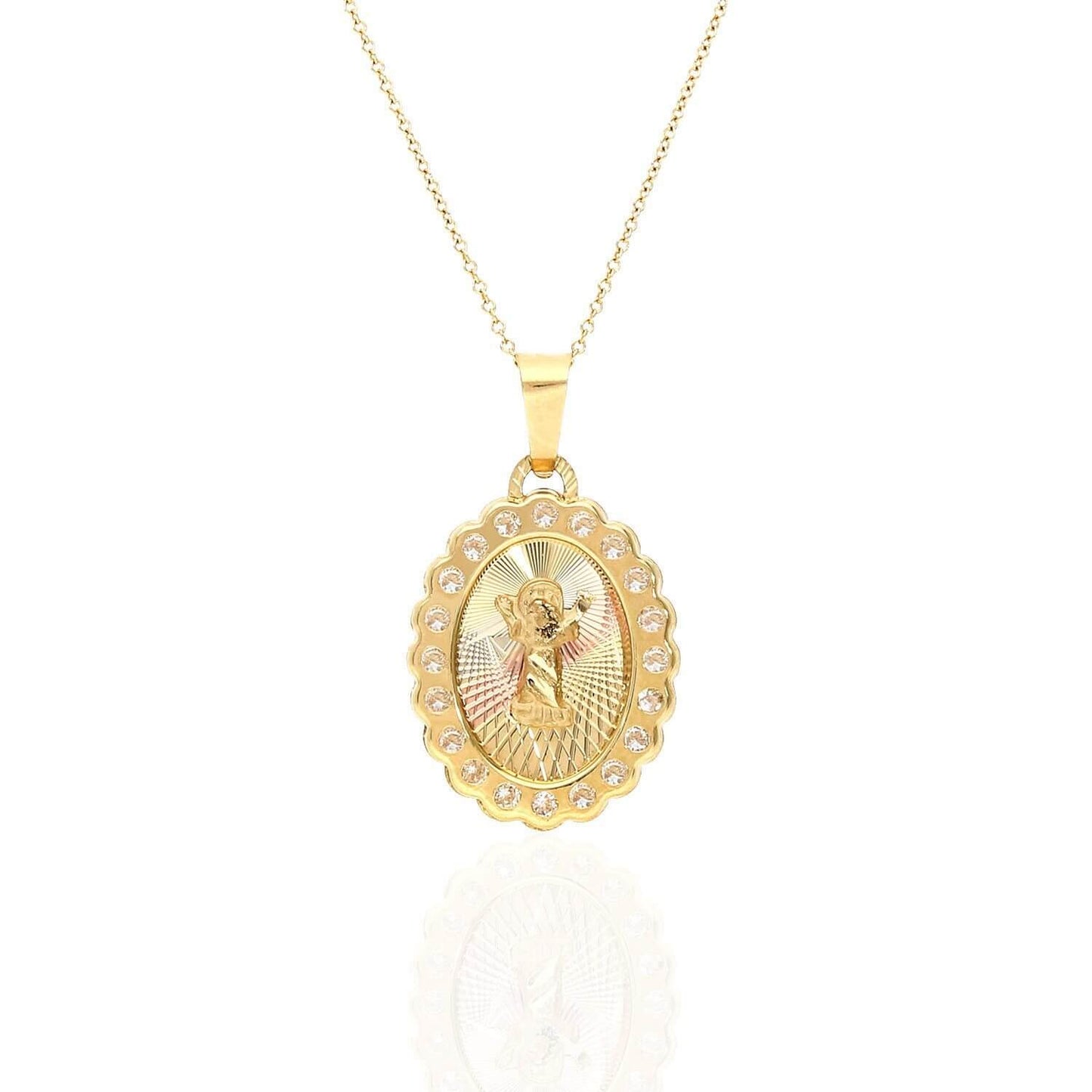 14K Yellow Rose Gold Cubic Zirconia Divine Infant Baby Jesus Oval Pendant