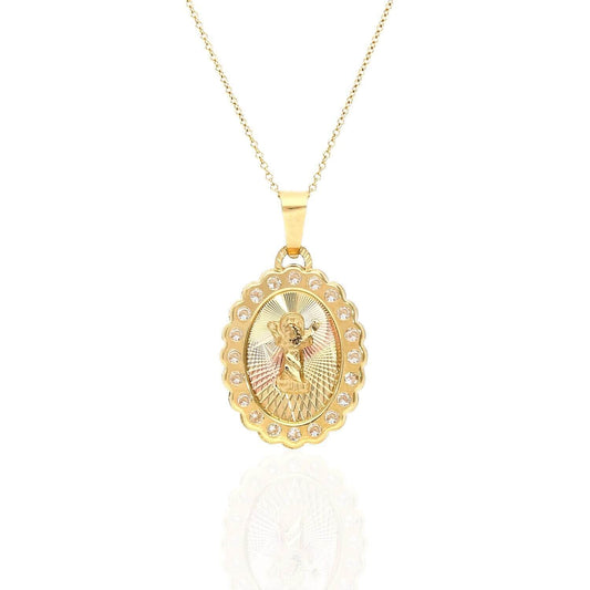14K Yellow Rose Gold CZ Divine Infant Baby Jesus Oval Pendant