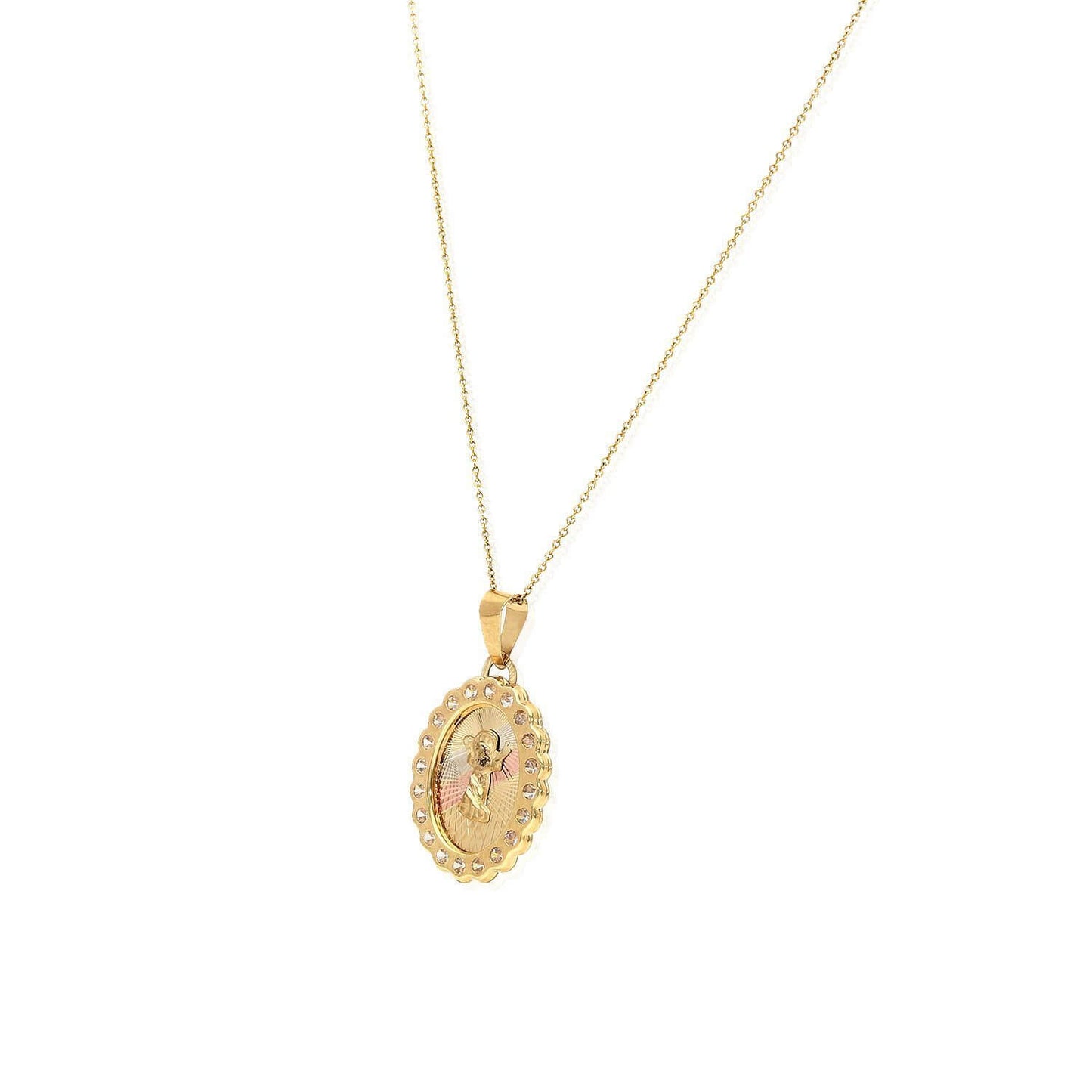 14K Yellow Rose Gold CZ Divine Infant Baby Jesus Oval Pendant