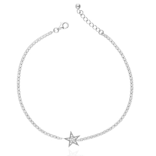 Sterling Silver CZ Star Charm Tennis Anklet 9"-10" Adjustable