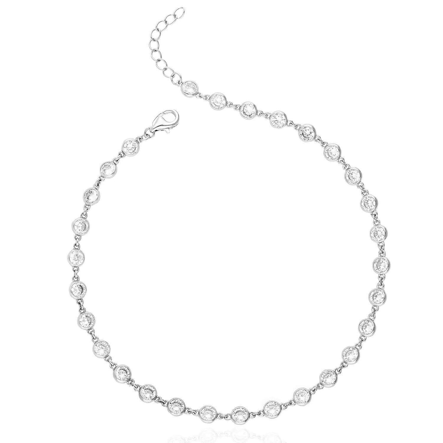 Sterling Silver Multicolor White CZ Bezel Set Station Anklet 10"-11" Adjustable