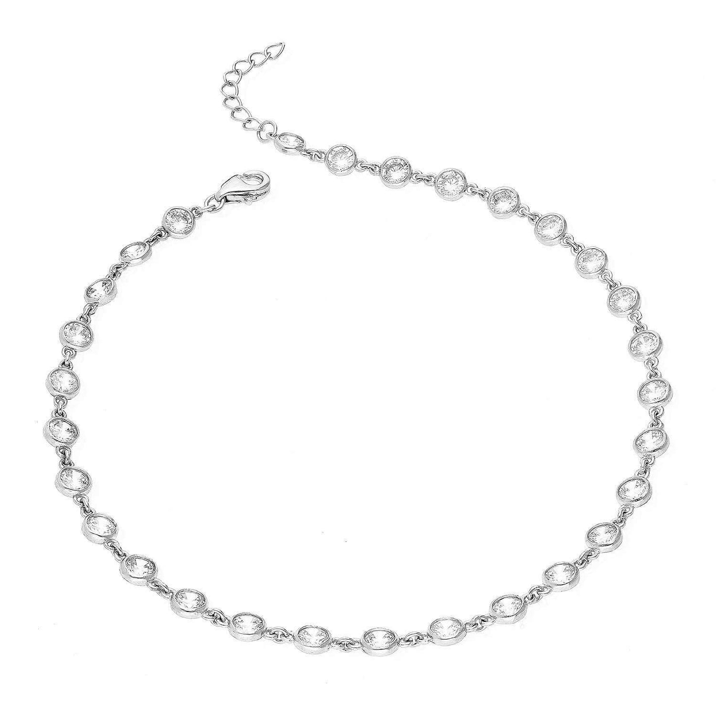Sterling Silver Multicolor White CZ Bezel Set Station Anklet 10"-11" Adjustable