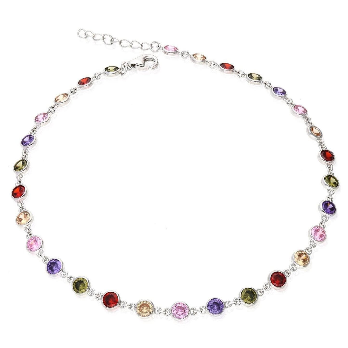 Sterling Silver Multicolor White CZ Bezel Set Station Anklet 10"-11" Adjustable