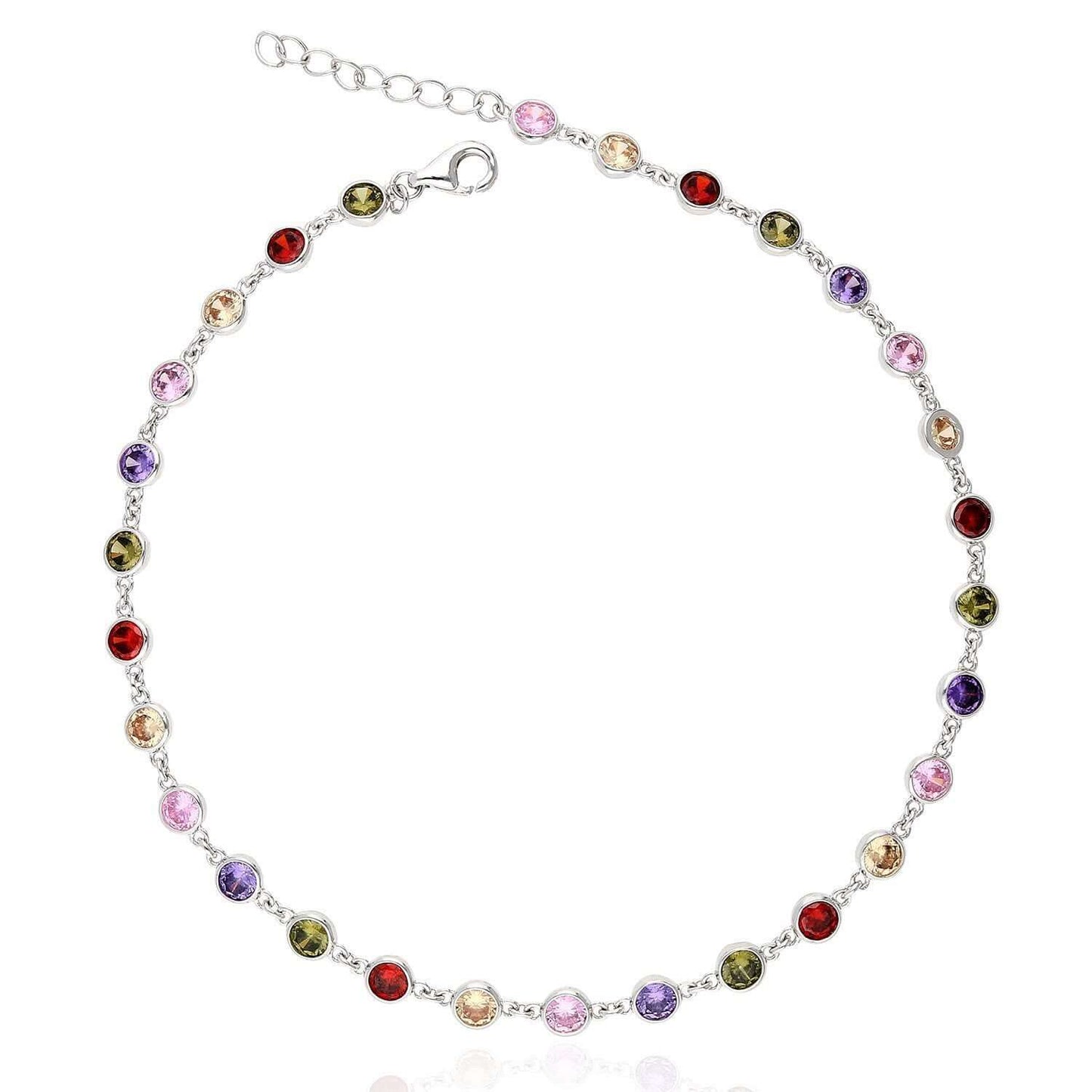 Sterling Silver Multicolor White CZ Bezel Set Station Anklet 10"-11" Adjustable