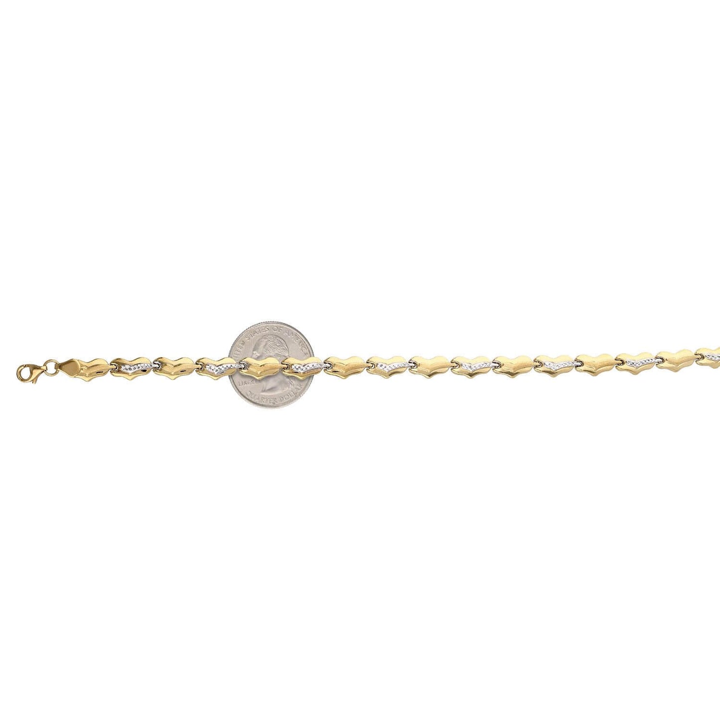 10K Gold Two-Tone Diamond Cut Fancy Heart Stampato Anklet Bracelet 10"