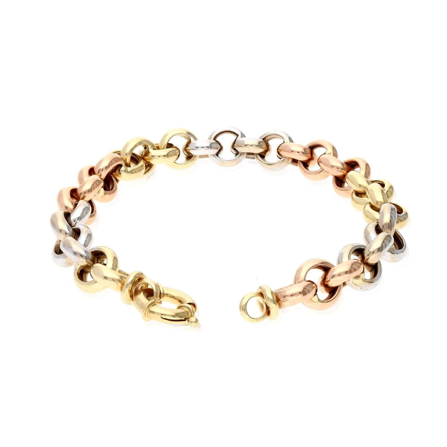 14K Gold Tri-Color Yellow White Rose Oversized Clasp Rolo Bracelet 7.5"