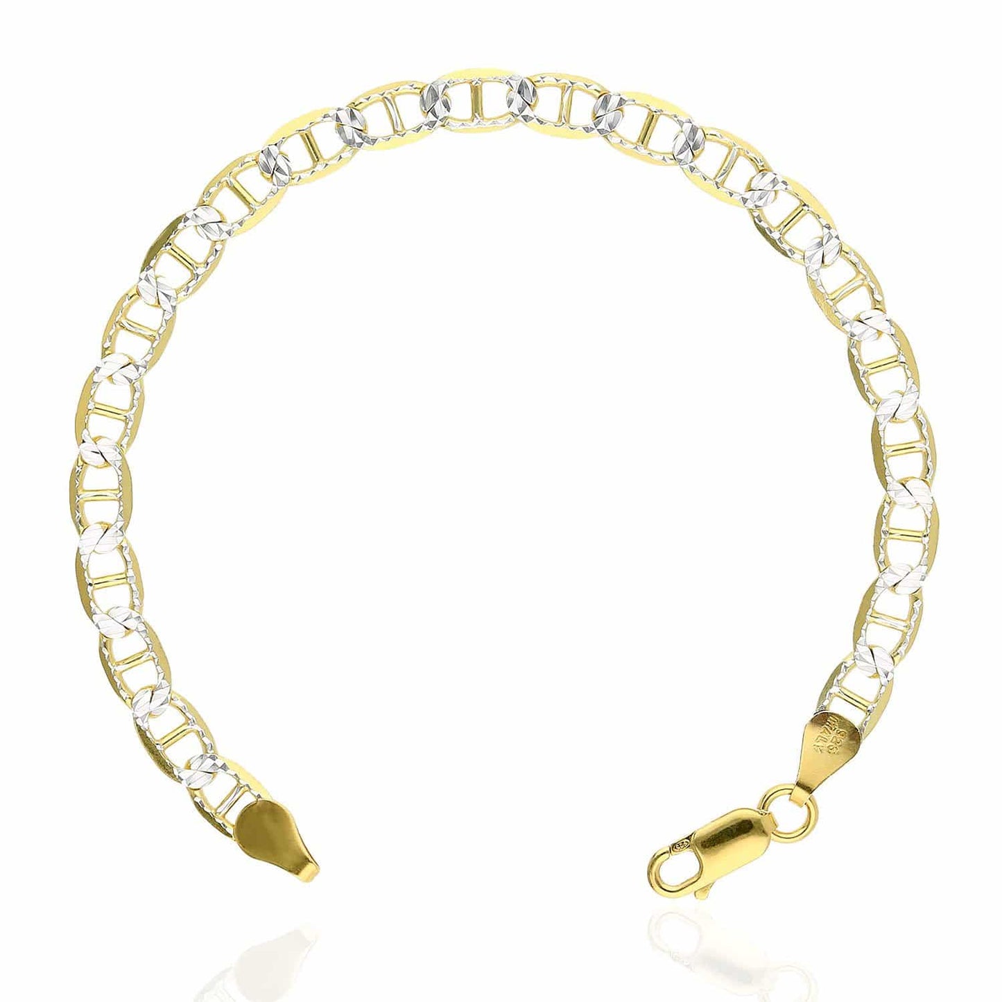 14K Yellow Gold Over Silver 5.2mm Diamond-Cut Pave Mariner Anchor Bracelet (Solid Links) 7"-9"