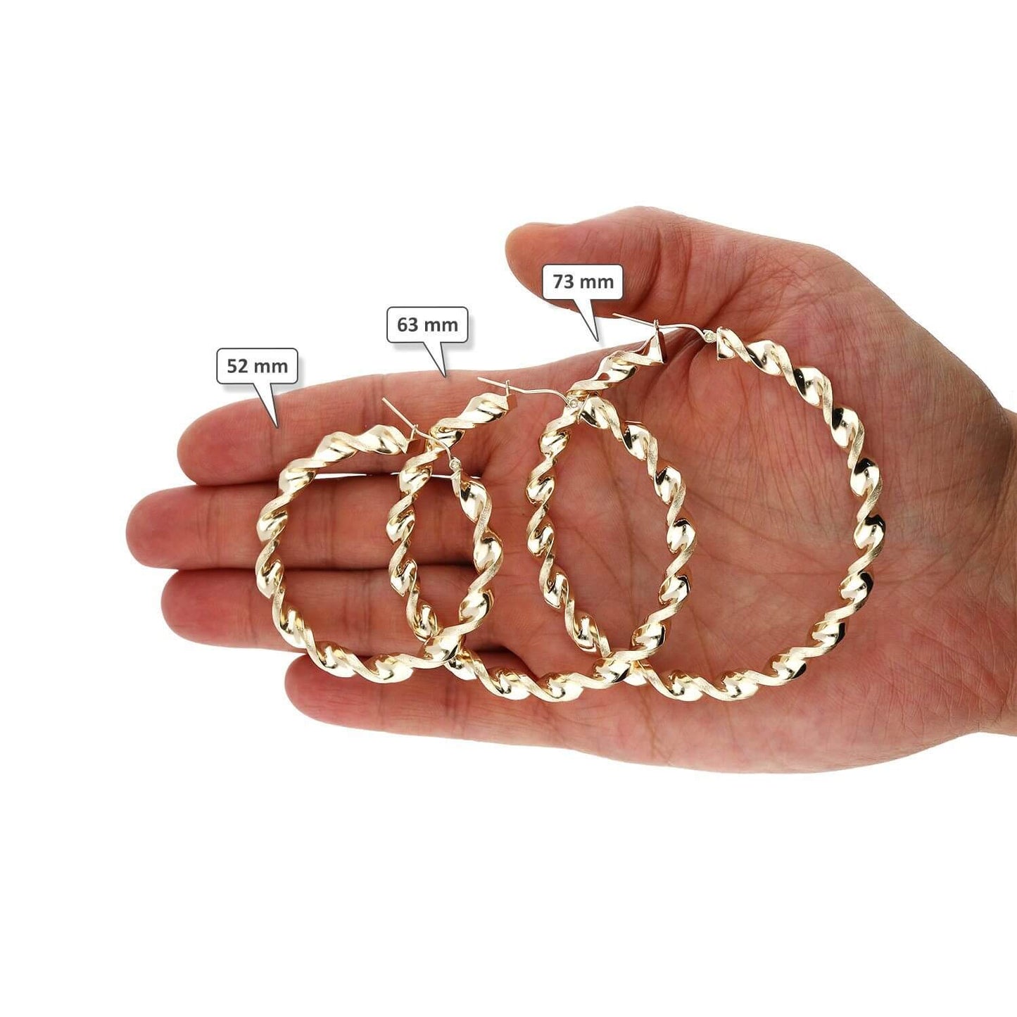 10K Yellow Gold Twisted Tube 6mm Diamond-Cut Textured Hoop Earrings 52mm-73mm