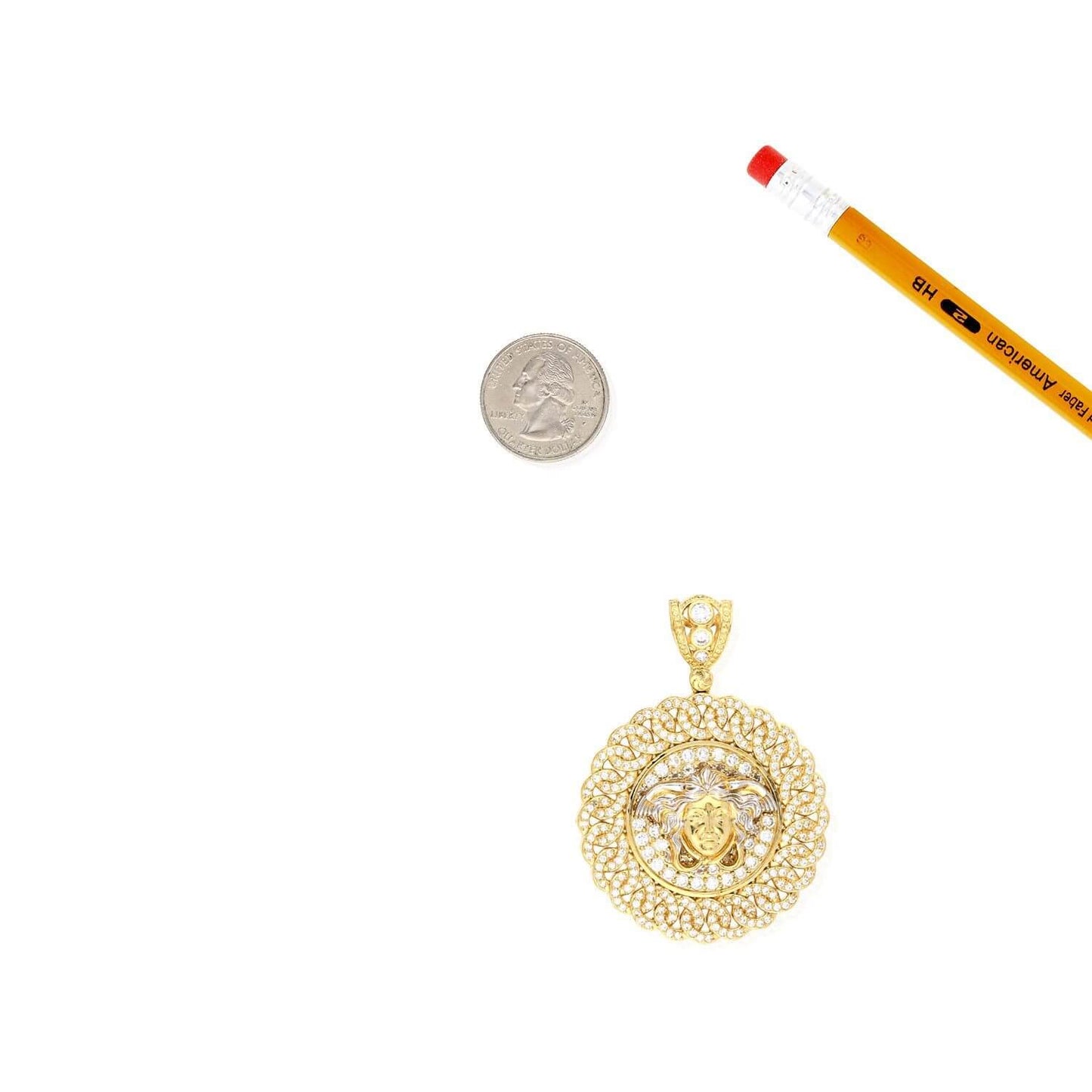 7Ct CZ 10K Gold 2-Tone Fancy Design Medusa Head Medallion Pendant