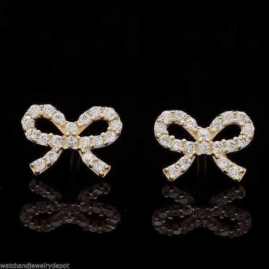 0.25Ct Round CZ 14K Yellow Gold Bow Tie Stud Earrings Screw Back