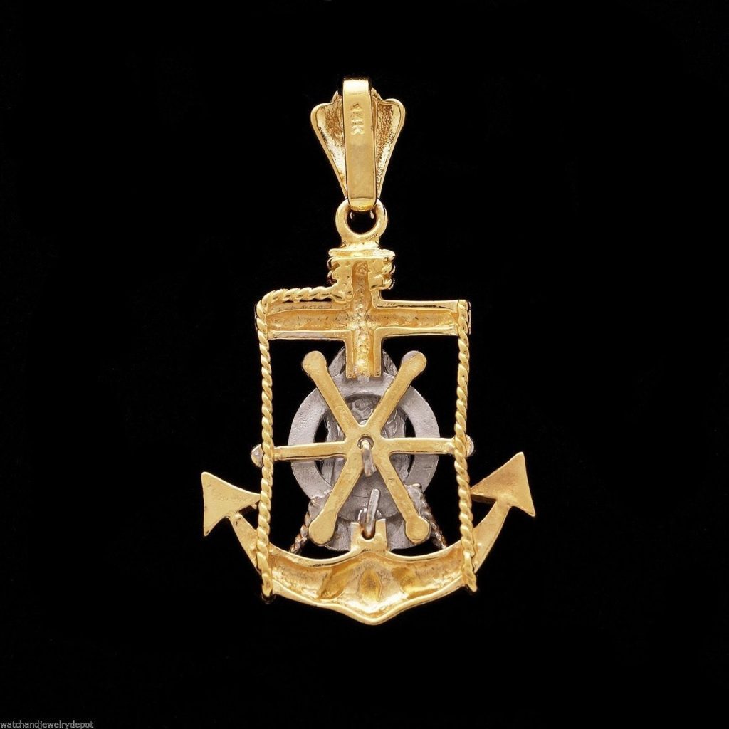 14K Gold Tri-Tone Virgin Mary Cross Anchor Mariner Ship Helm Wheel Pendant