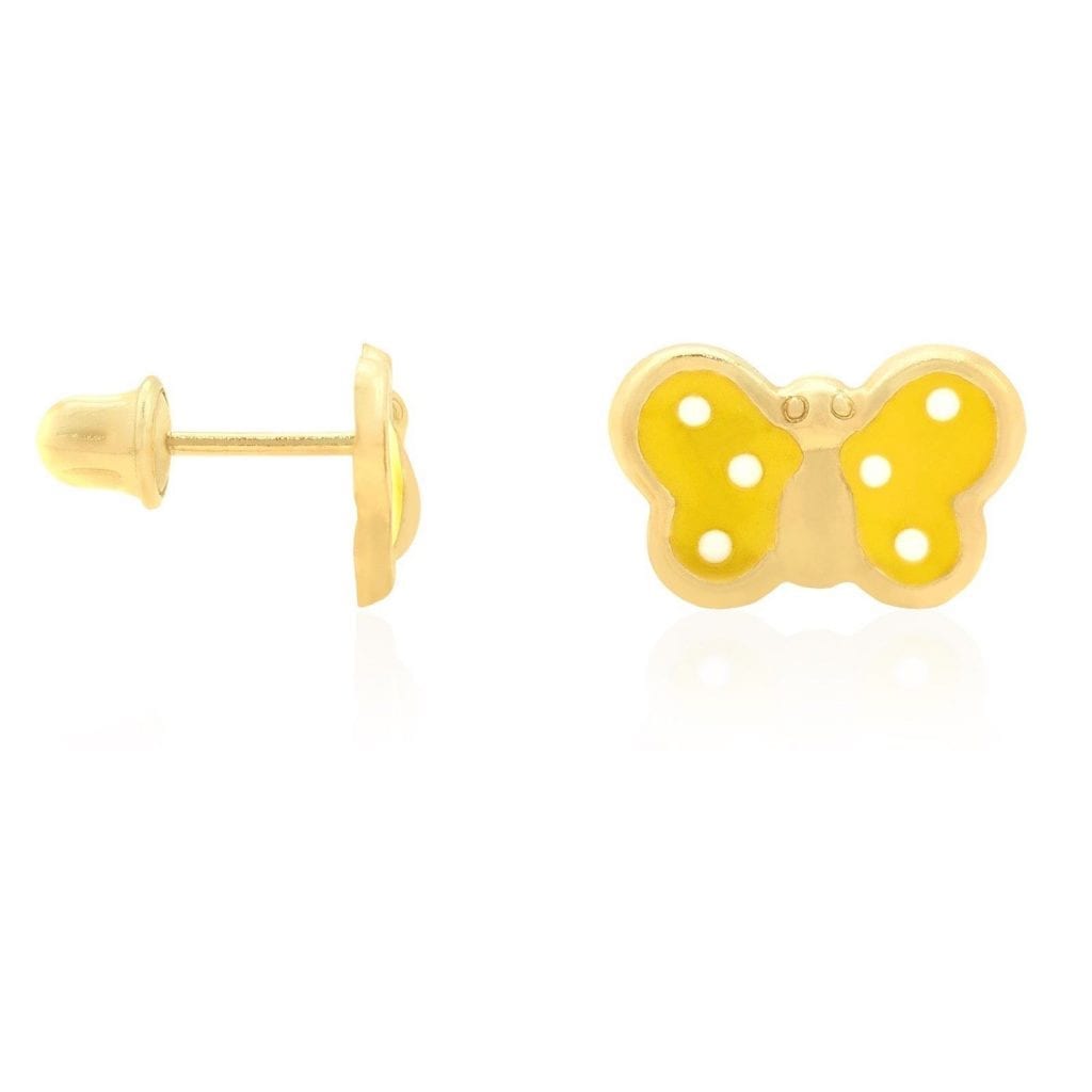 Kid's 14k Yellow Gold Enamel Butterfly Baby Screw Back Stud Earrings Large