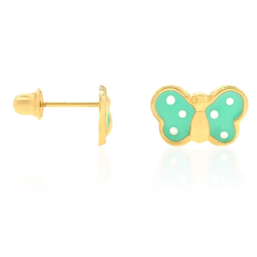 Kid's 14k Yellow Gold Enamel Butterfly Baby Screw Back Stud Earrings Large