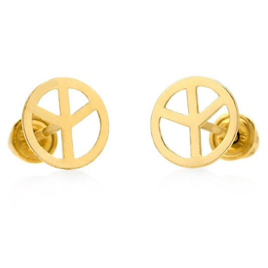 14K Yellow Gold Peace Sign Stud Screw Back Earrings