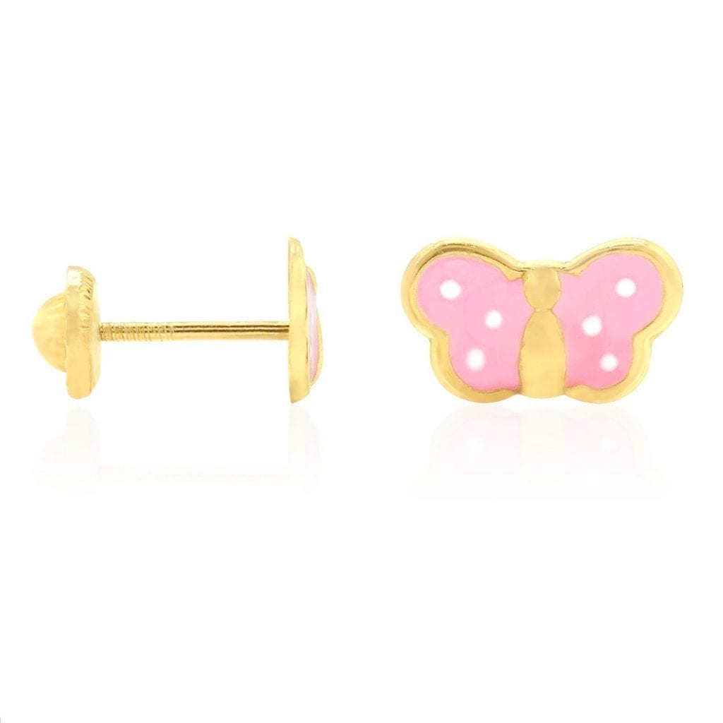 Kid's 14k Yellow Gold Enamel Butterfly Baby Screw Back Stud Earrings Large