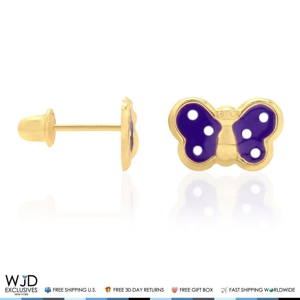 Kid's 14k Yellow Gold Enamel Butterfly Baby Screw Back Stud Earrings Large