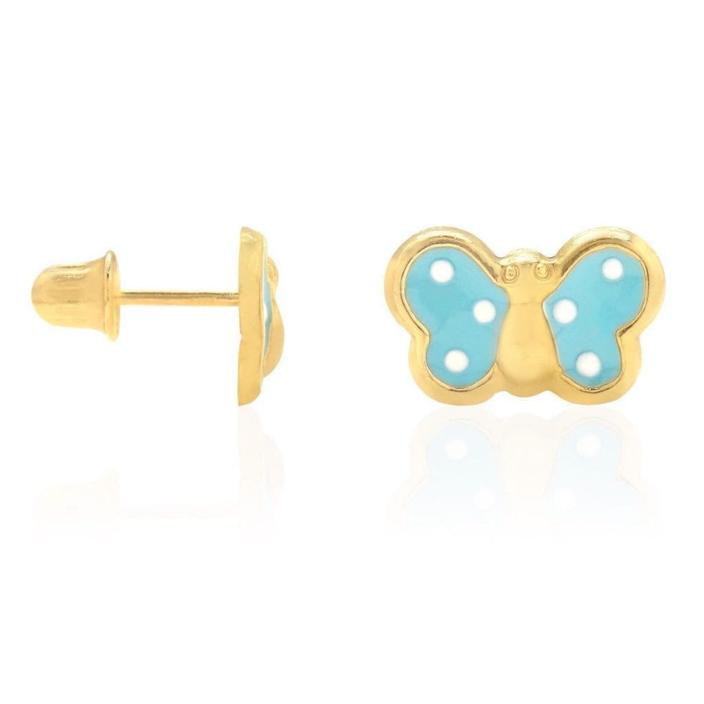Kid's 14k Yellow Gold Enamel Butterfly Baby Screw Back Stud Earrings Large