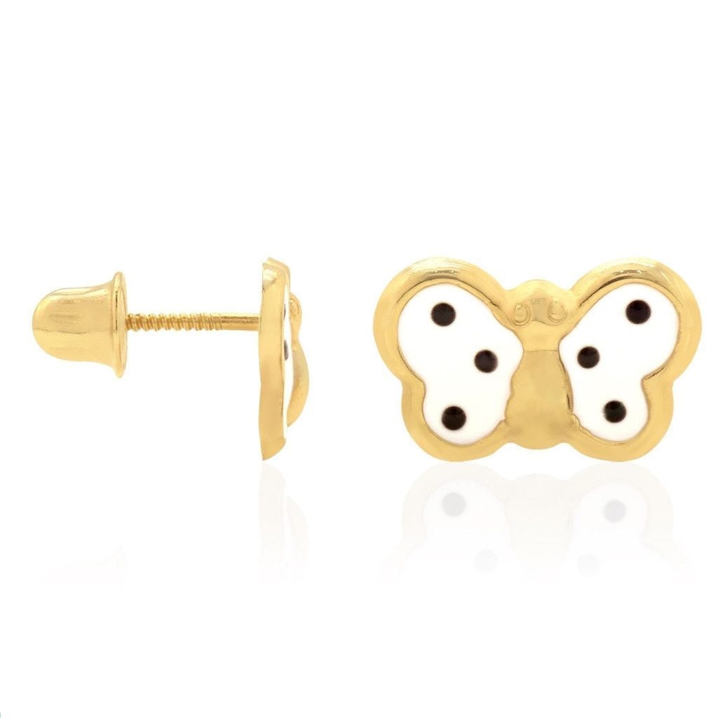 Kid's 14k Yellow Gold Enamel Butterfly Baby Screw Back Stud Earrings Large