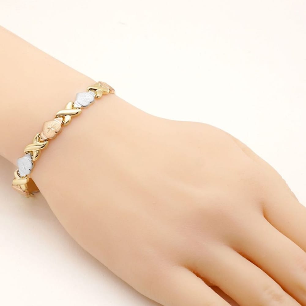 14k Gold Tri-Color Hearts & Kisses XO Bracelet 7.25"