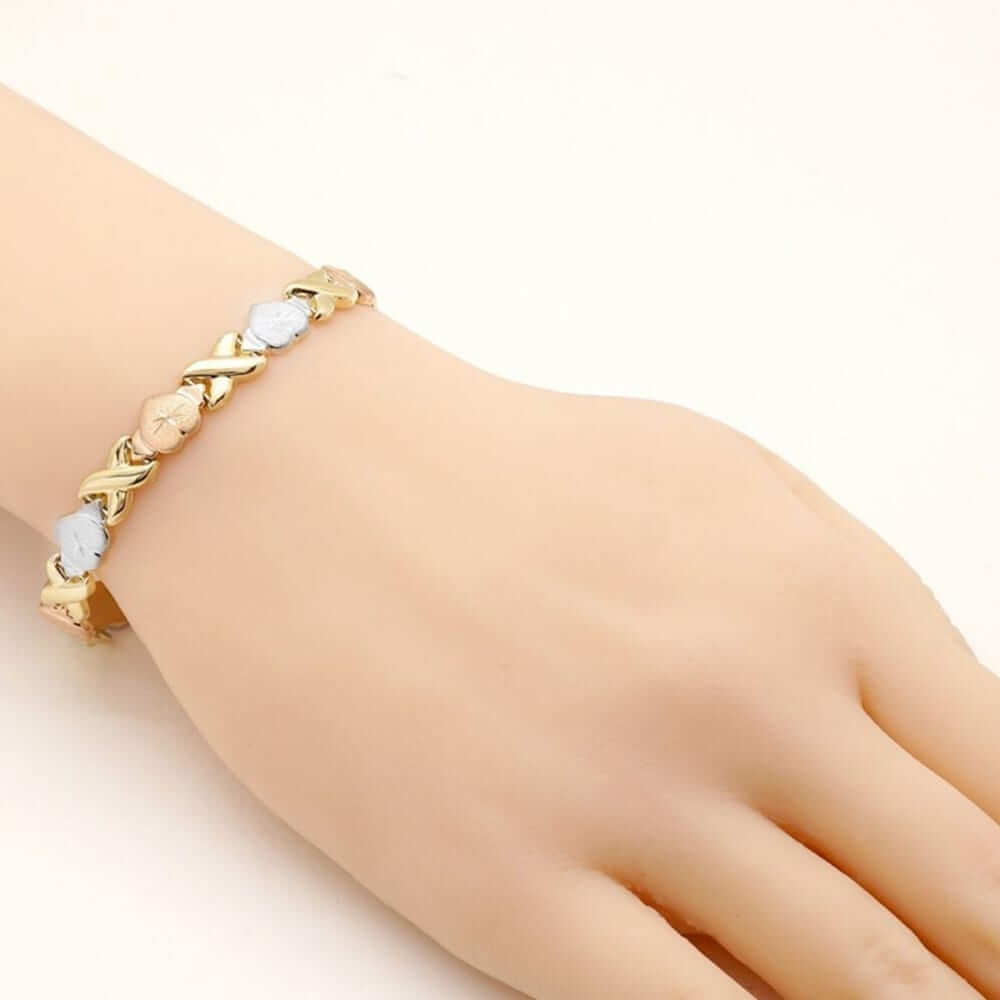 10k Gold Yellow Tri-Color Yellow Rose White Hearts Kisses XO Bracelet 7.25"-8"