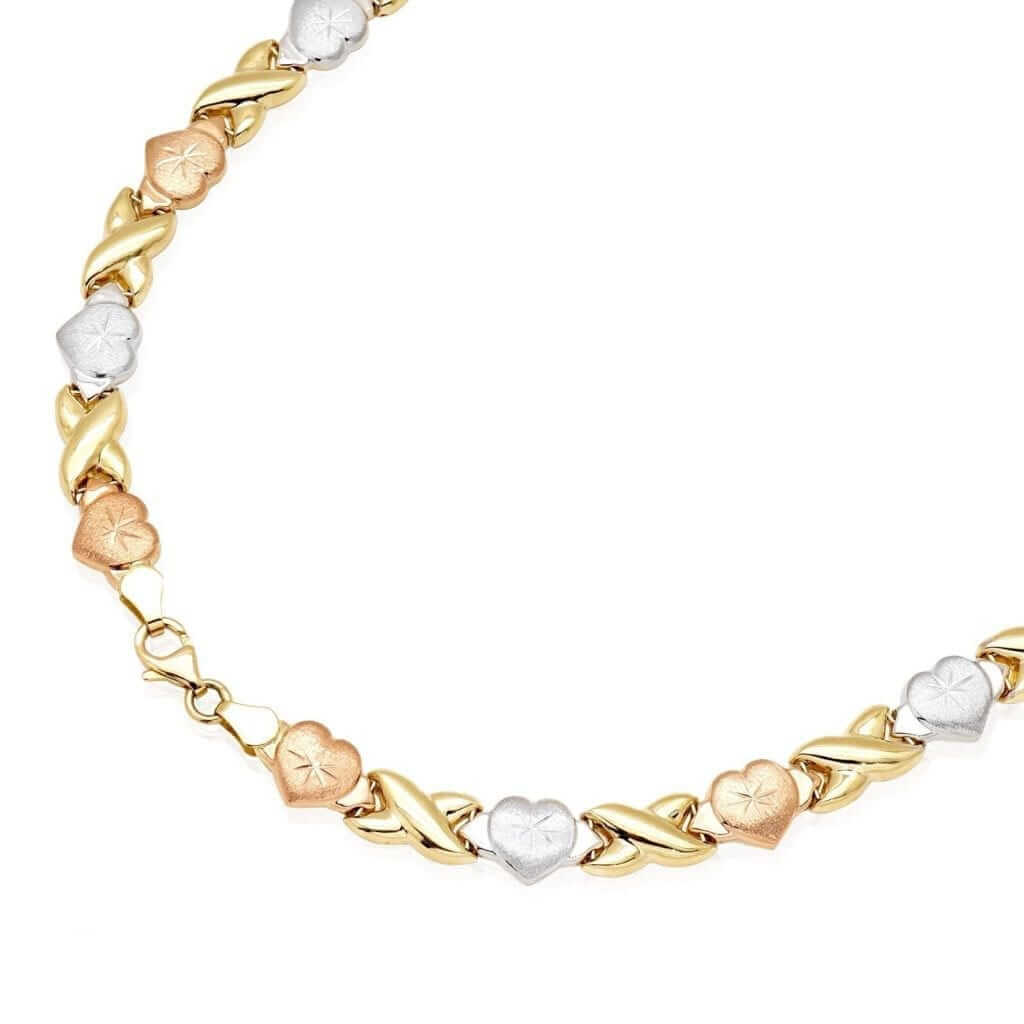 10K Gold Tri-Color Hearts, Hugs & Kisses XO Necklace 17.5"
