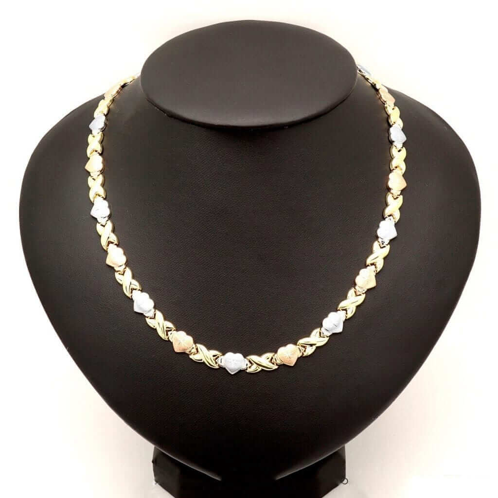 10K Gold Tri-Color Hearts, Hugs & Kisses XO Necklace 17.5"