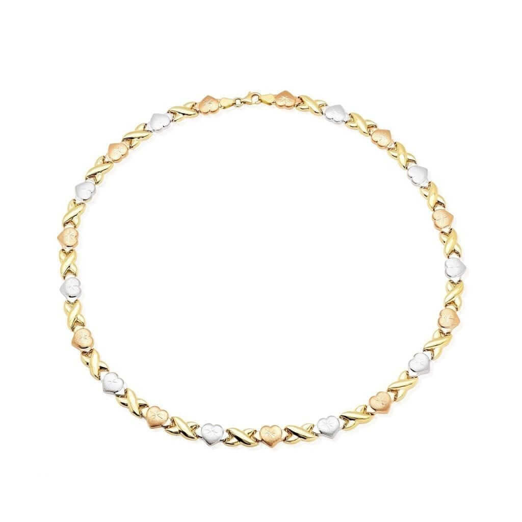 10K Gold Tri-Color Hearts, Hugs & Kisses XO Necklace 17.5"