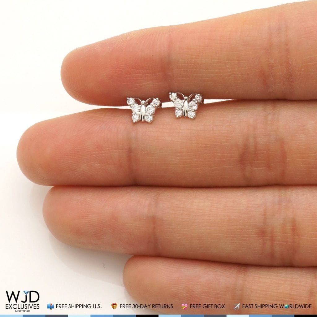 14K White Gold CZ Butterfly Baby Screwback Stud Kids Earrings