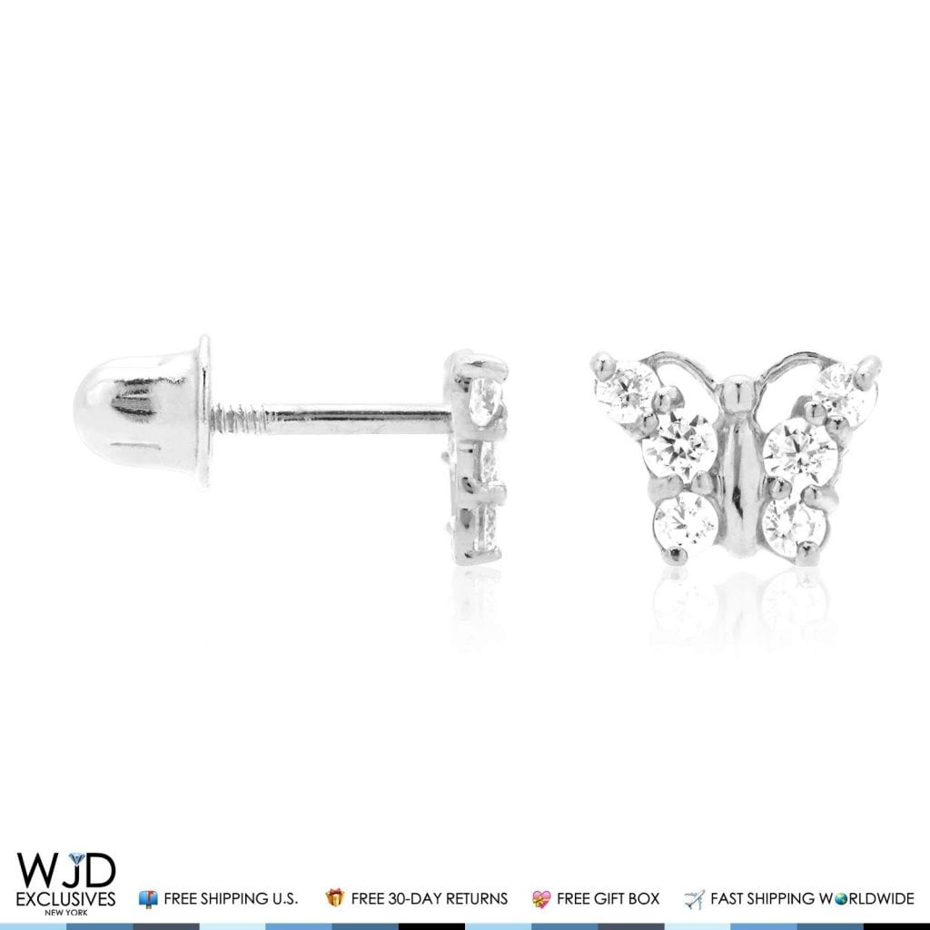 14K White Gold CZ Butterfly Baby Screwback Stud Kids Earrings