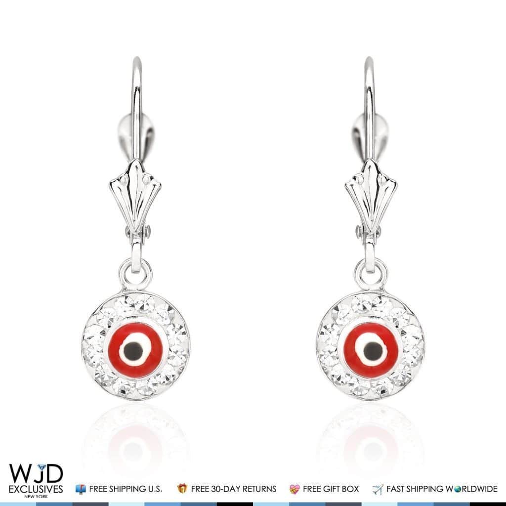 14K White Gold CZ Red Evil Eye Round Dangle Leverback Earrings
