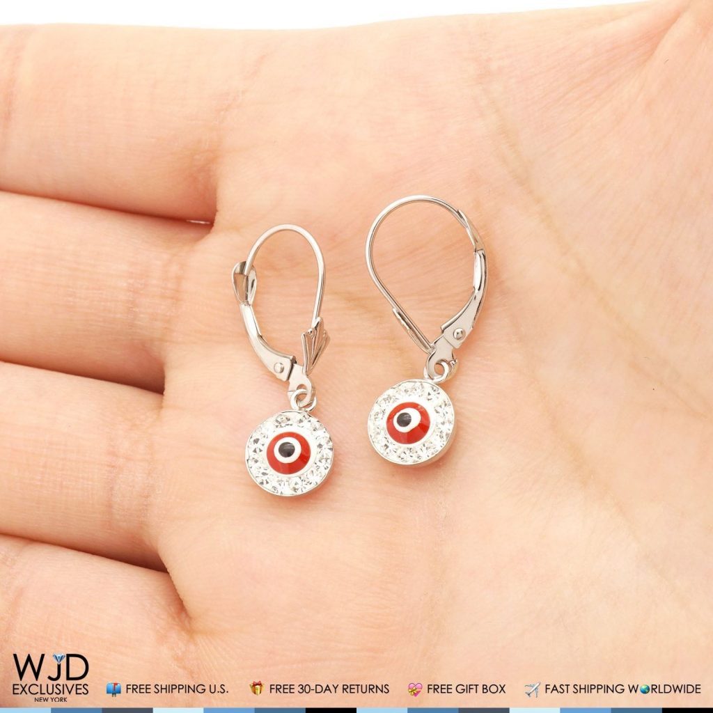 14K White Gold CZ Red Evil Eye Round Dangle Leverback Earrings