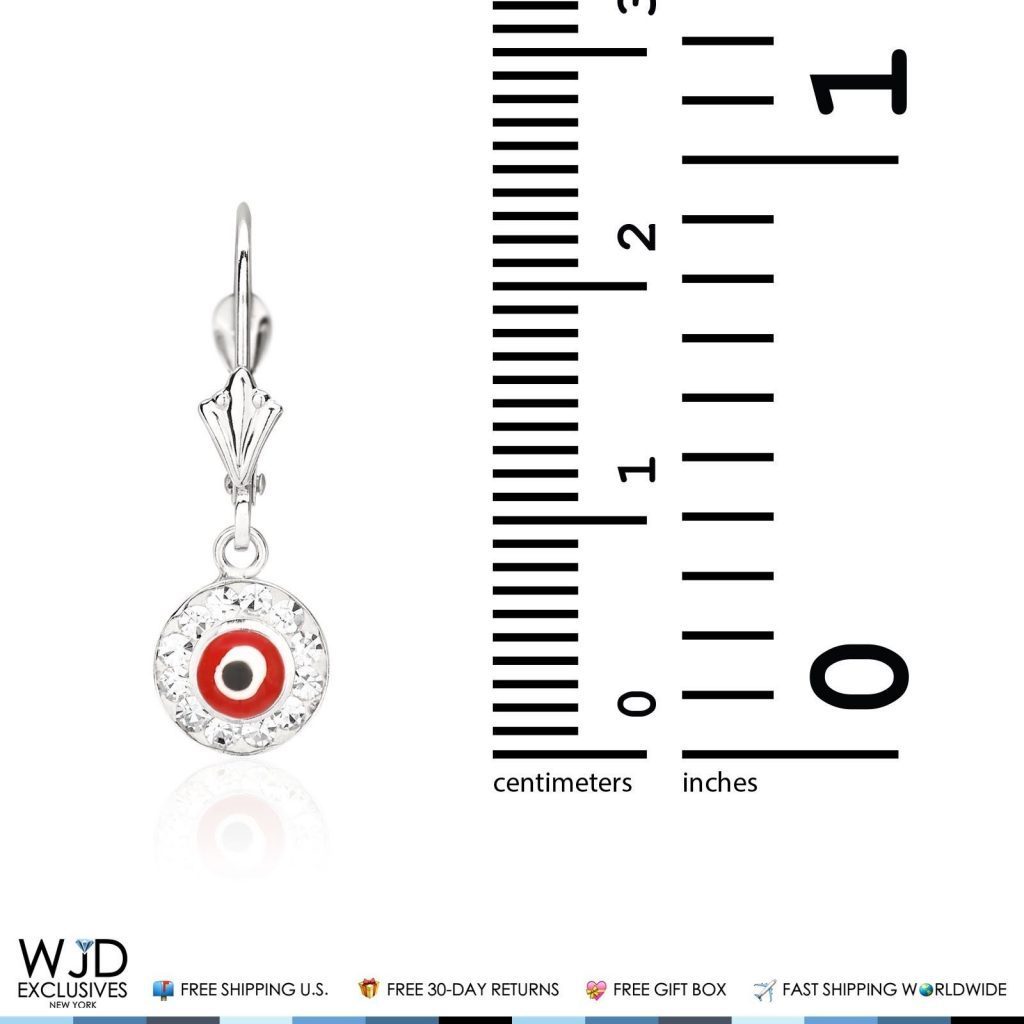 14K White Gold CZ Red Evil Eye Round Dangle Leverback Earrings