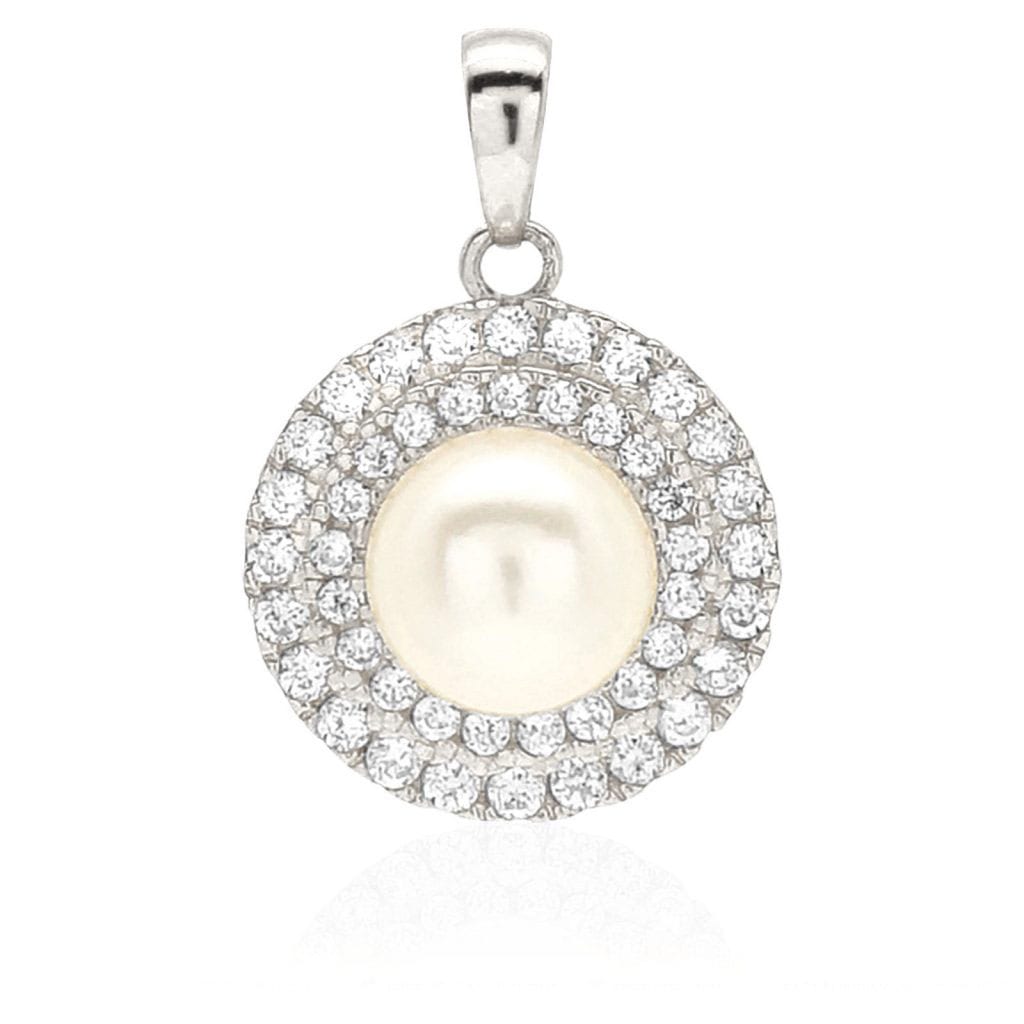 14K Gold 0.60Ct CZ Cultured Pearl Halo Pendant 0.71"
