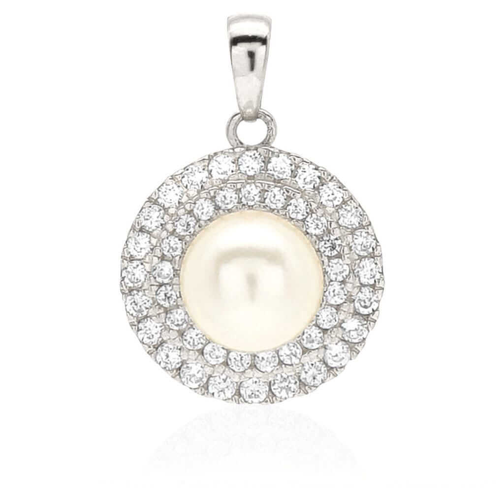 14K Gold 0.60Ct CZ Cultured Pearl Halo Pendant 0.71"