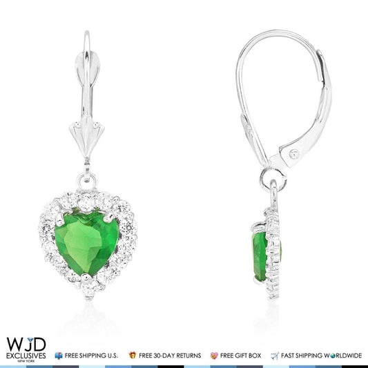 14K White Gold 0.85 Ct CZ Emerald Heart Dangle Leverback Earrings