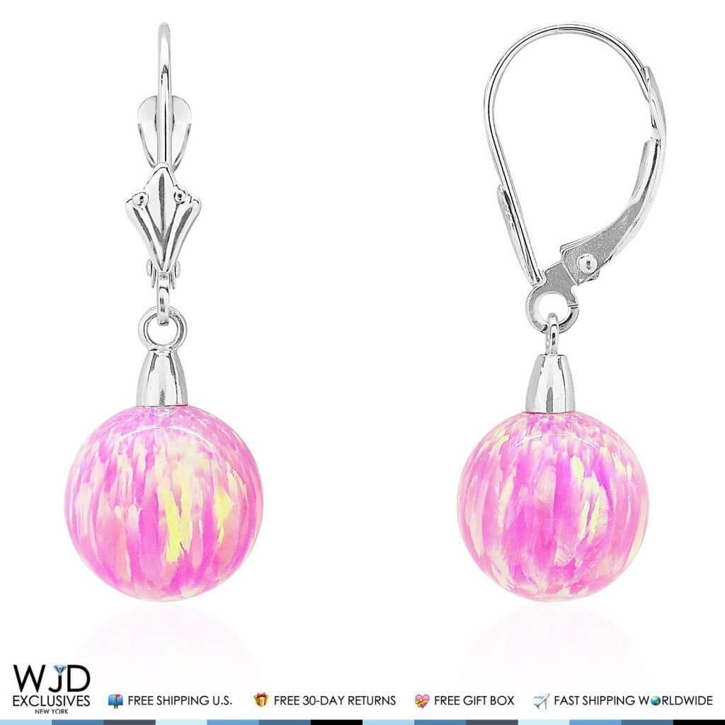 6mm-10mm Ball Shaped Pink Fire Opal Leverback Dangle Earrings 14K White Gold
