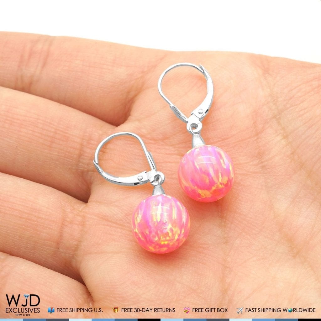 6mm-10mm Ball Peach Pink Fire Opal Leverback Dangle Earrings 14K White Gold