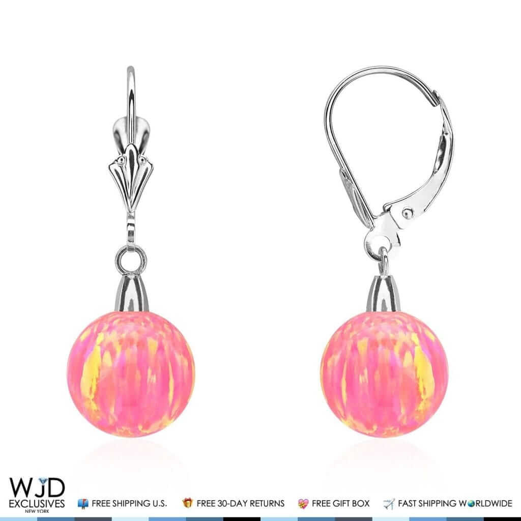 6mm-10mm Ball Peach Pink Fire Opal Leverback Dangle Earrings 14K White Gold