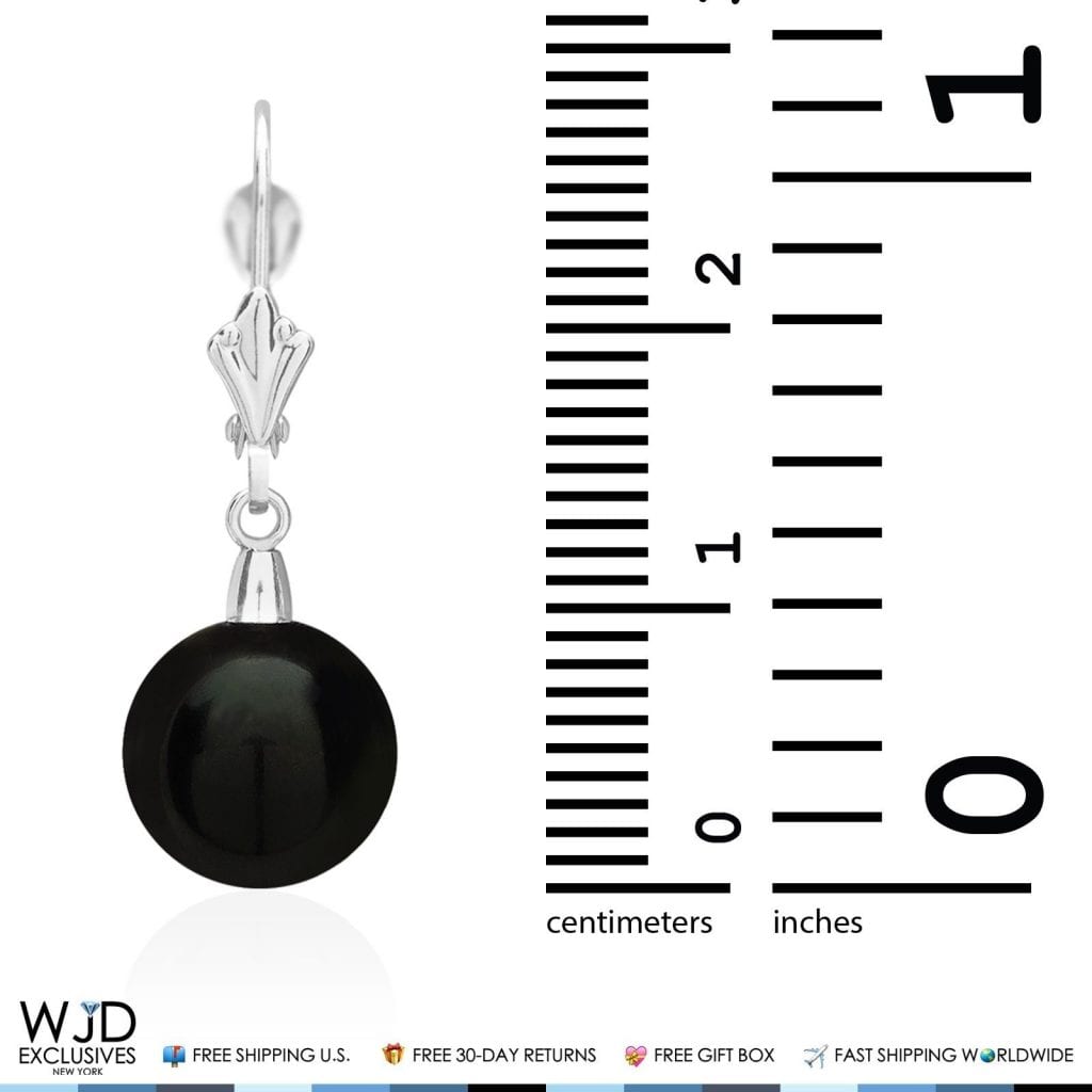 6mm-10mm Diameter Ball Shaped Onyx Dangle Leverback Earrings 14K White Gold