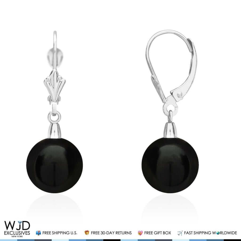 6mm-10mm Diameter Ball Shaped Onyx Dangle Leverback Earrings 14K White Gold