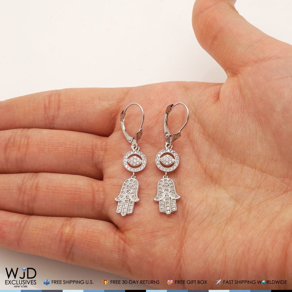1.10Ct CZ 14K White Gold Hamsa Evil Eye Dangle Leverback Earrings