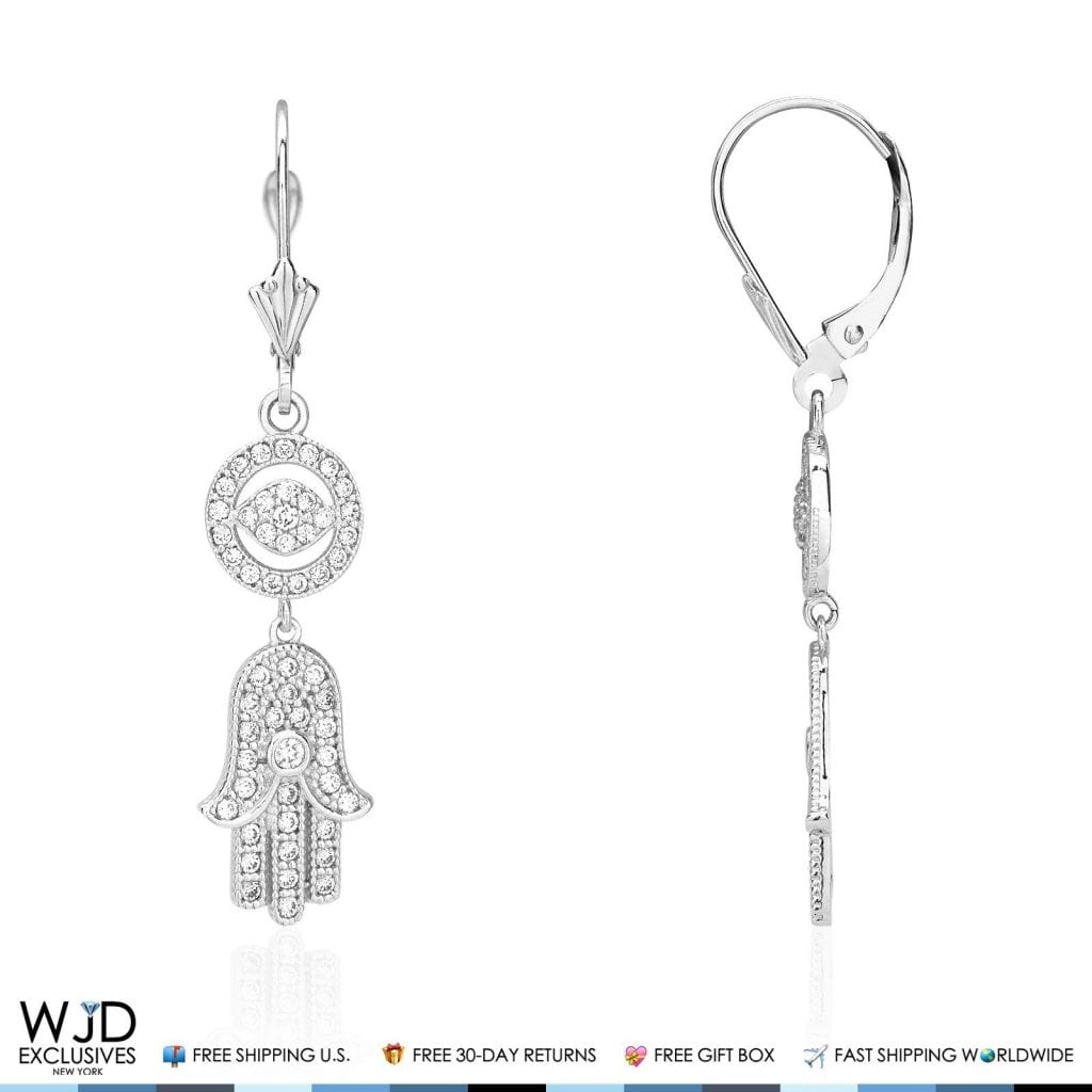 1.10Ct CZ 14K White Gold Hamsa Evil Eye Dangle Leverback Earrings