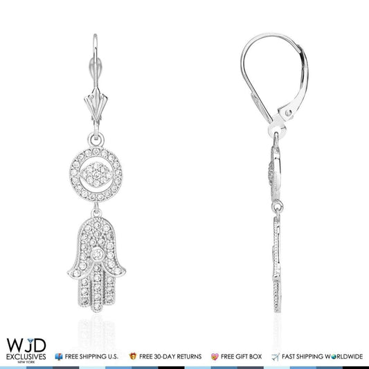 1.10Ct CZ 14K White Gold Hamsa Evil Eye Dangle Leverback Earrings