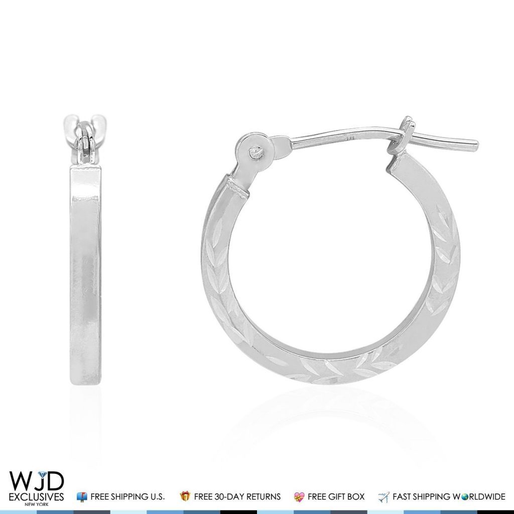 14K White Gold 14mm Diamond-Cut Snap Closure Hoop Earrings