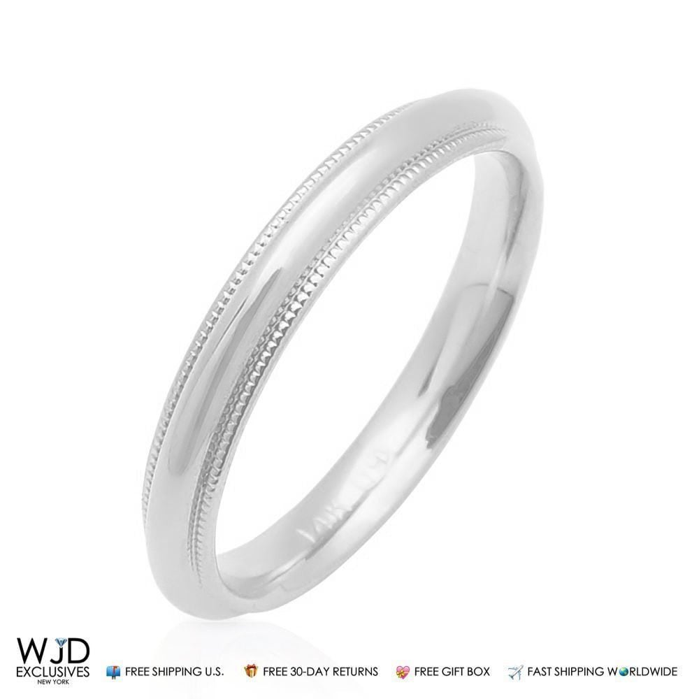 Solid 14K Gold White 3mm Milgrain Wedding Band Ring Sizes 5-12
