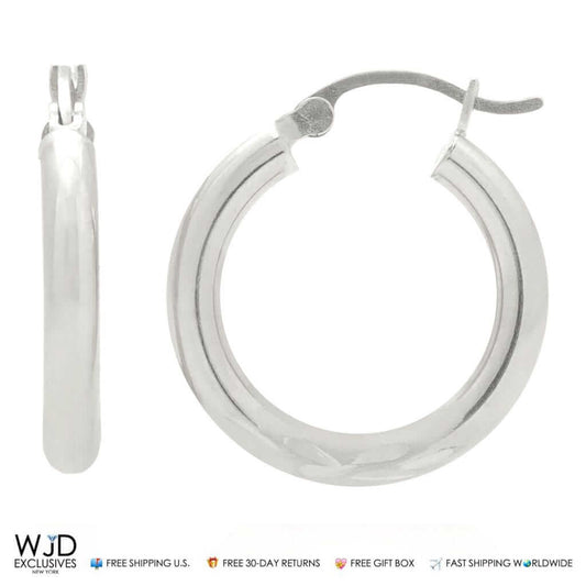 14K Solid White Gold 3mm Thick Diamond Cut Hoop Earrings 0.8"