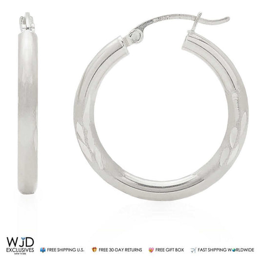 14K Solid White Gold 3mm Wide Diamond Cut Hoop Earrings 1"